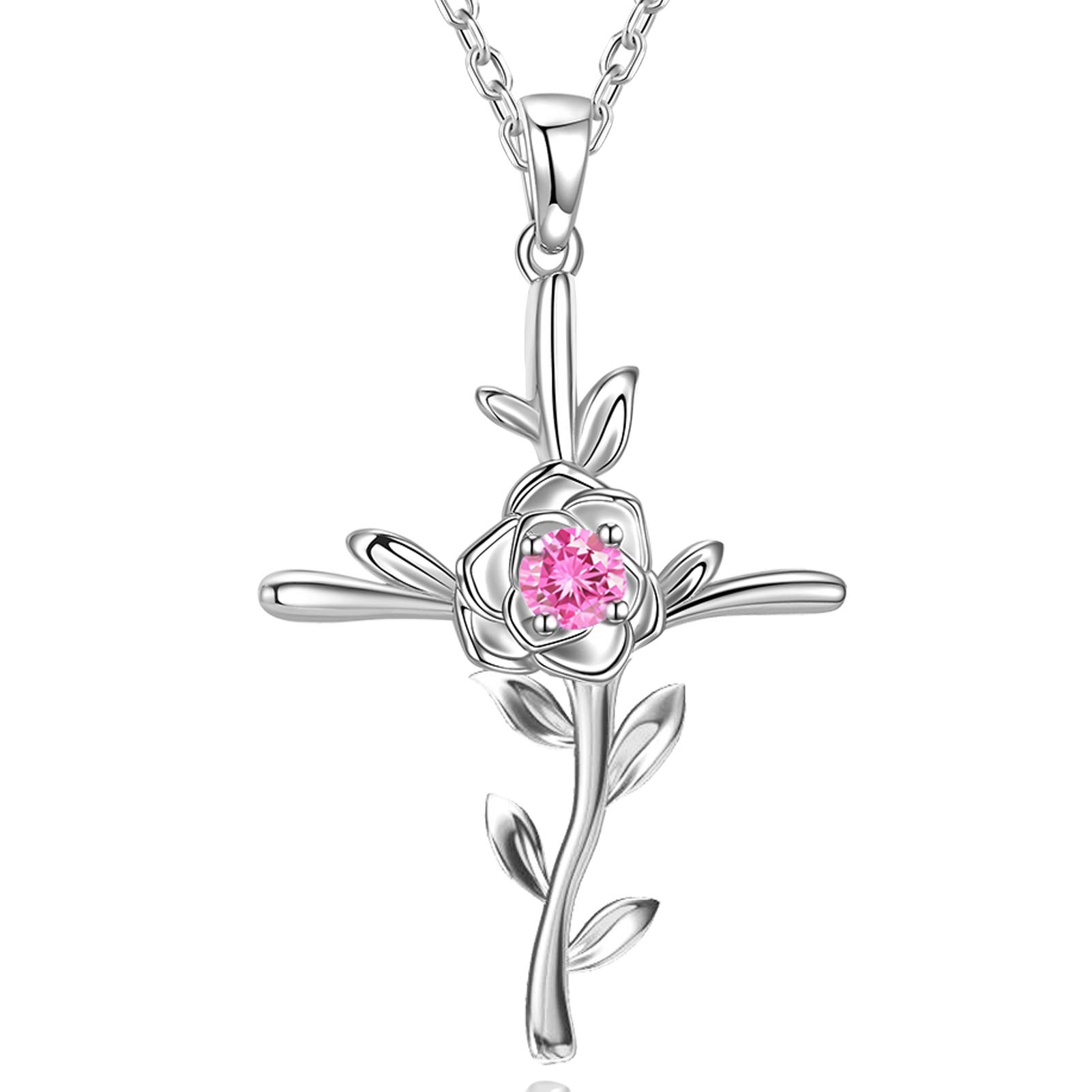 GinoMay Mothers Day Birthday Gifts Women October Birthstone Necklace Pink Tourmaline Mum Wife Love Rose Flower Jewellery Sterling Silver — image 1