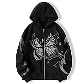 POHADON Y2k Vintage Zip Up Hoodie for Women Oversized Butterfly Graphic Long Sleeve Hooded Aesthetic Sweatshirt Jacket