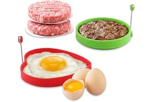 Silicone Egg Ring Molds Set, Fried Egg Rings and Non-stick Egg Cooker Ring, Green Round and Red Heart, 2-Pack