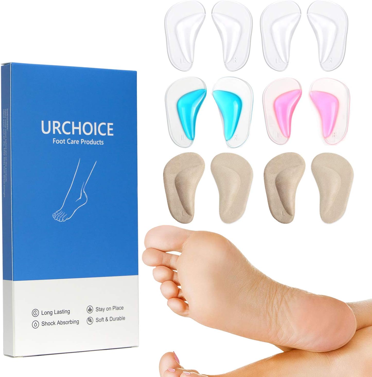 Gel Arch Support Cushions for Men & Women, Shoe Insoles for Flat Feet, Reusable Arch Inserts for Plantar Fasciitis, Adhesive Arch Pad for Relieve Pressure and Feet Pain- 6 Pairs: Health & Personal Care