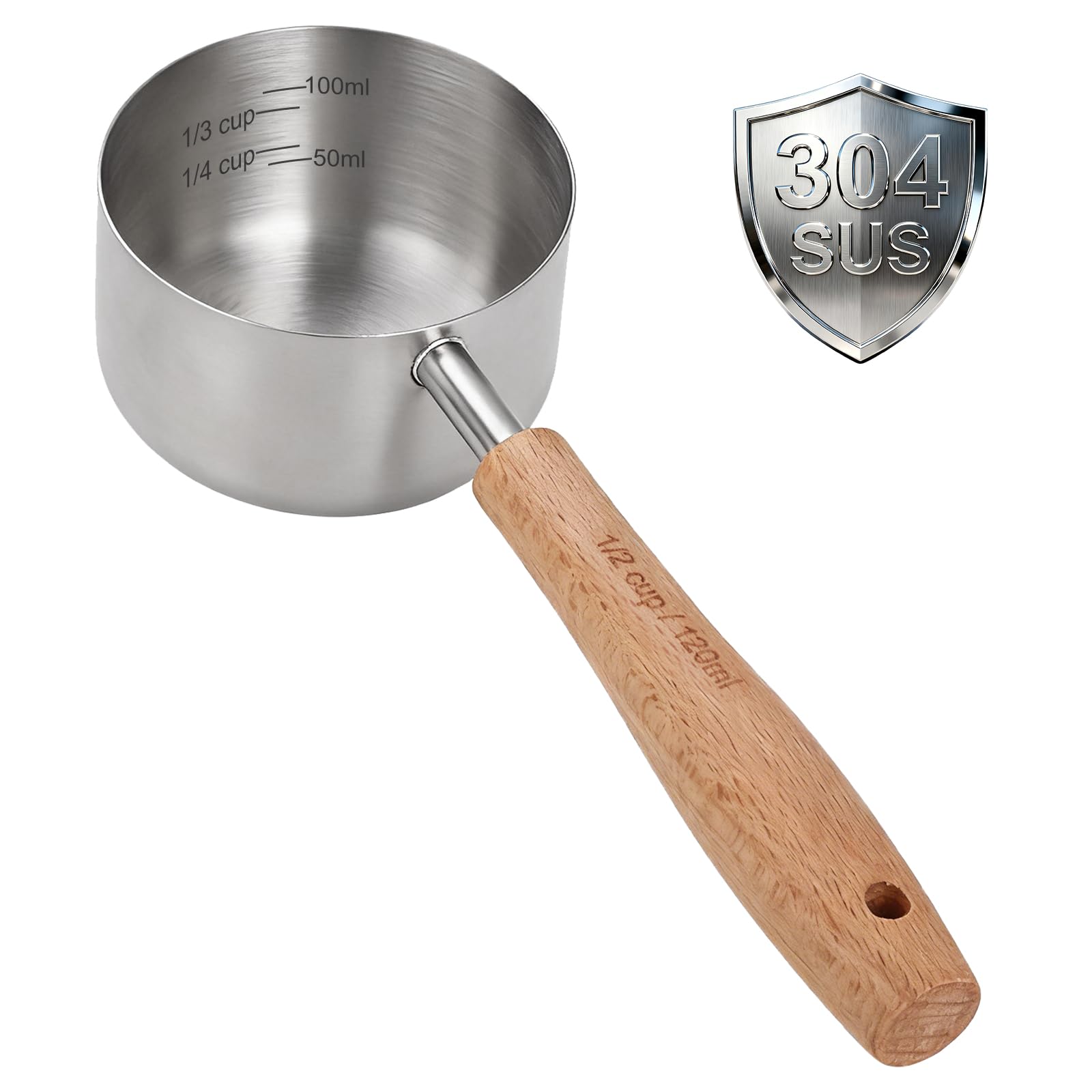 Photo 1 of TREMENDRY 1PCS 1/2Cup(120ml | 4oz) Dog Cat Food Scoop, 18/8(304) Stainless Steel Measuring Cup with Wooden Handle, Etched Measurements Inside, BPA Free Portion Control for Pets & Kitchen Use