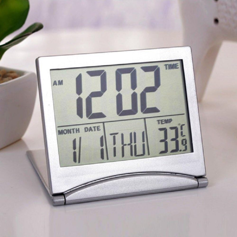 Large HD Digital LCD Folding Travel Alarm Clock with Thermometer Calendar Timer
