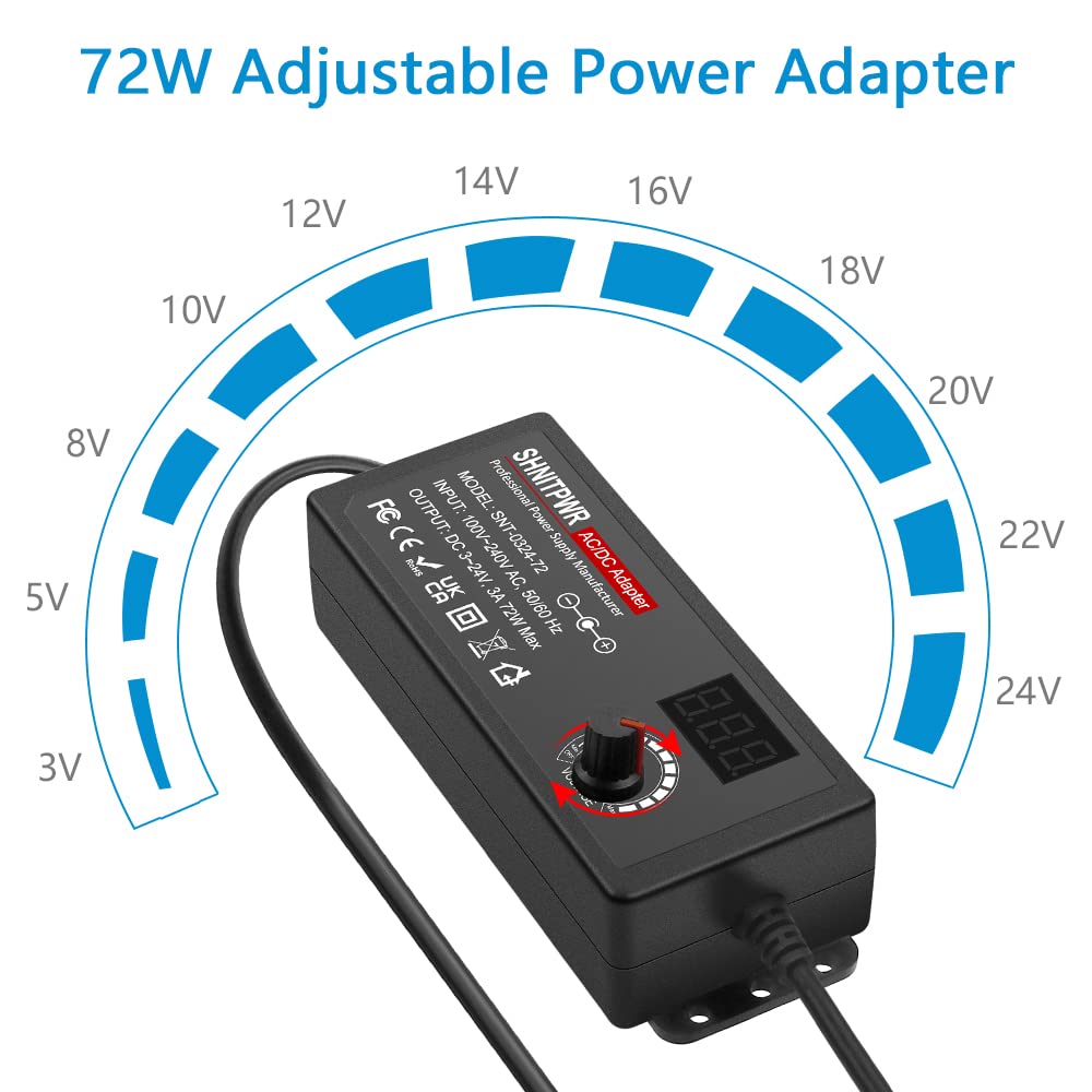 SHNITPWR 3V ~ 24V 3A 72W Power Supply Adjustable DC 3V 5V 6V 9V 12V 15V 16V 18V 19V 20V 24V Variable Universal AC/DC Adapter 100V-240V AC to DC Converter with 14 Tips 5.5x2.5mm 4.0x1.7mm 3.5x1.35mm