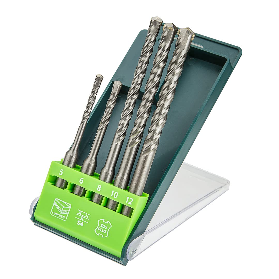 VERTO SDS Plus Concrete Drill Bit Set with 5 Pieces for Stoneware, Aerated Concrete - 5, 6 x 110 mm + 8, 10, 12 x 160 mm, S4 Double Spiral Winding