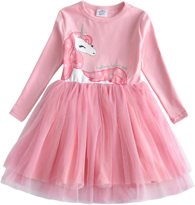 DXTON Little Girl Children Kid Long Sleeve Flower Cotton Dresses for 2-8T