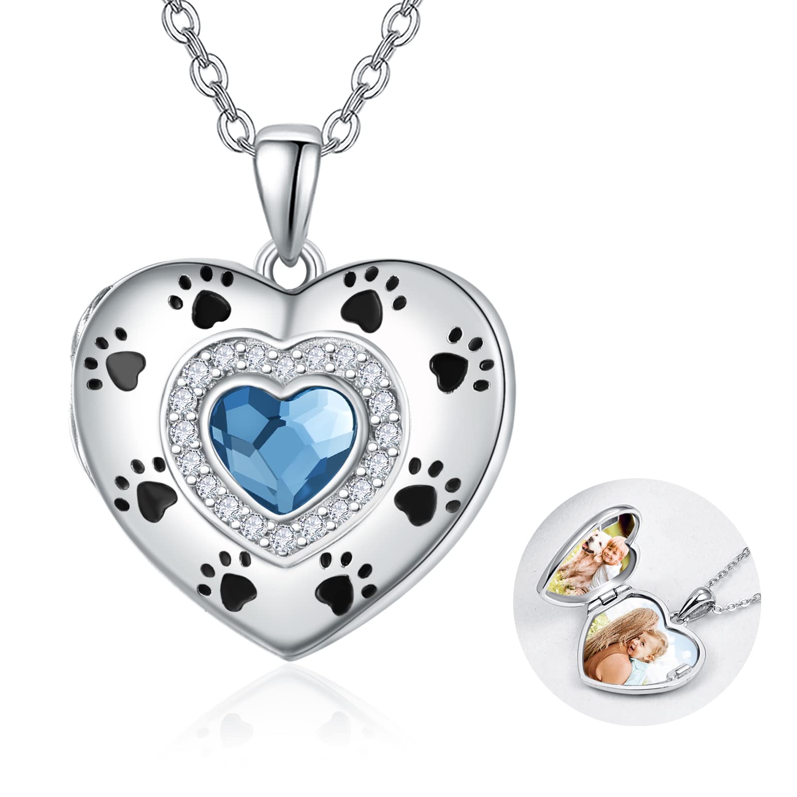 KINGWHYTE Sterling Silver Locket Necklace Paw Print Pendant Heart Shaped Locket Necklace that Holds Picture Photos Gift for Women Girls Mum