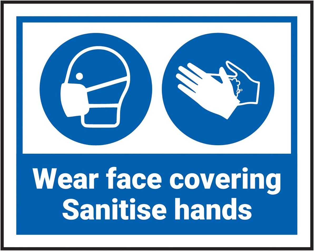 V Safety CV263CU-S Wear Face Coverings - Sanitise Hands - 100x80mm - Self Adhesive Vinyl, Blue