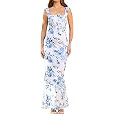 EYNMIN Women's Summer Floral Maxi Dress Square Neck Sleeveless Mesh Bodycon Long Wedding Guest Dresses
