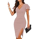 WAYMAKER 2026 Women's Sexy V Neck Faux Wrap Ruffle Sleeve Ruched Bodycon Slit Cocktail Party Wedding Guest Dress