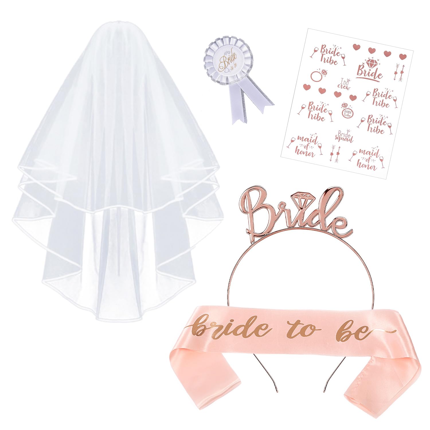 SYEYCW 5 Pcs Bride to Be Decorations, Include Rose Gold Bride Headband Tiara, Veil with Comb, Sash, Tattoos, Badge, Bride to Be Decorations, Perfect for Wedding, Bridal Shower, Bachelorette Party
