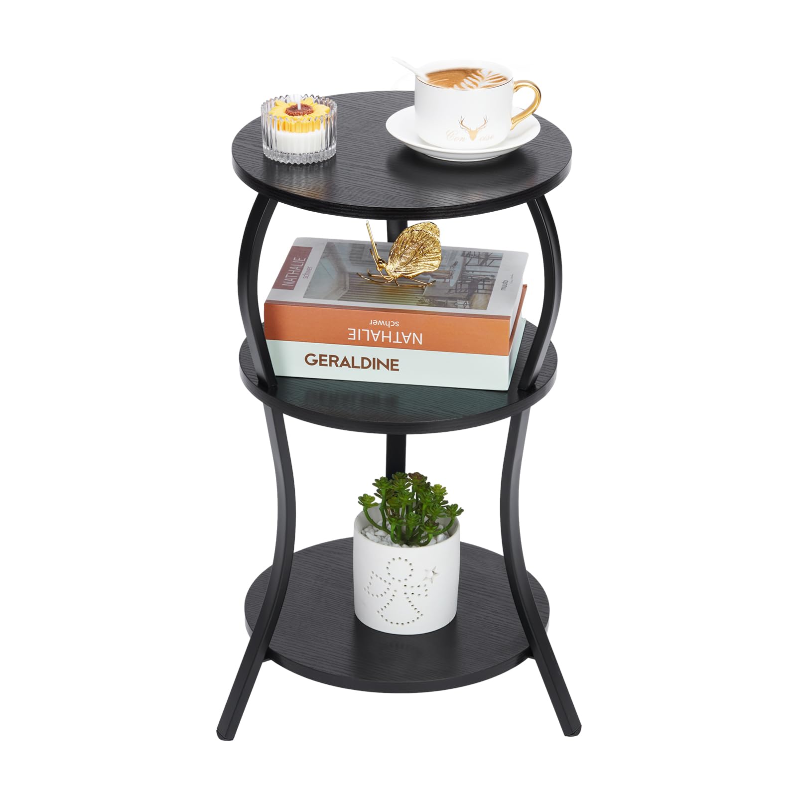 YEAKOO Vintage Round Side Table,3-Tier Slim Waist End Table with Storage Shelves,Round Sofa Side Table Small Corner Coffee Table Bedside for Living Room Bedroom Small Spaces