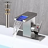 AVSIILE LED Bathroom Sink Faucet, Brushed Nickel Waterfall Single Hole Handle Vanity Faucets for Sinks 1 Hole with Metal Pop Up Drain and 2 Water Supply Lines, Side Handle