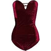 Choies Women's Burgundy/Black Sexy Plunge Neck Strapless Cross Back Velvet Bodysuit