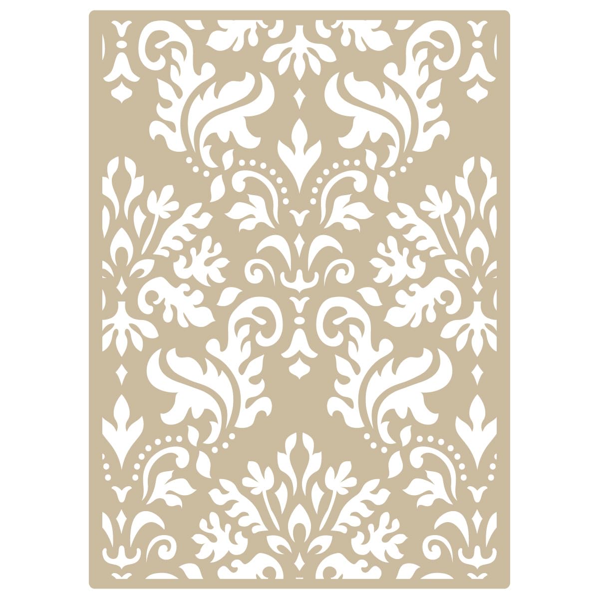 Wall Stencil Damask 008 Tartus. Medium: Stencil 50 x 70 cm (19,7 x 27,6 inch), Design 48 x 68 cm (18,9 x 26,8 inch), Damask: 48 x 68 cm (18,9 x 26,8 inch)