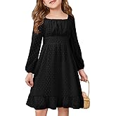 Haloumoning Girls Long Sleeve Dress Kids Ruffle Tiered Dress Swiss Dot Flowy A Line Dresses 5-14 Years