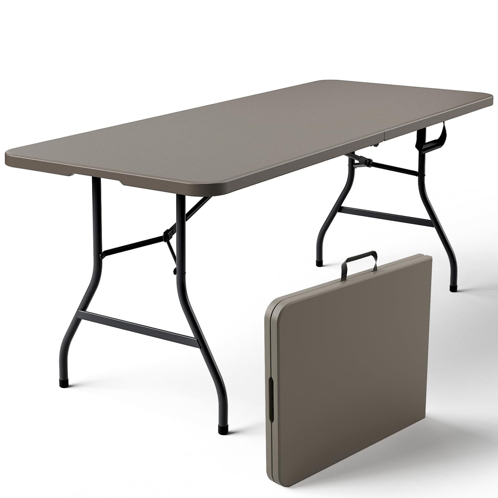 MAKE CHANGES Folding Table 6ft - Heavy Duty Plastic Table with Handle, Foldable & Portable, Fold-in-Half Utility Tables for Outdoor, Dining, Wedding, Events, Indoor, Picnic, Camping, Party (Khaki)