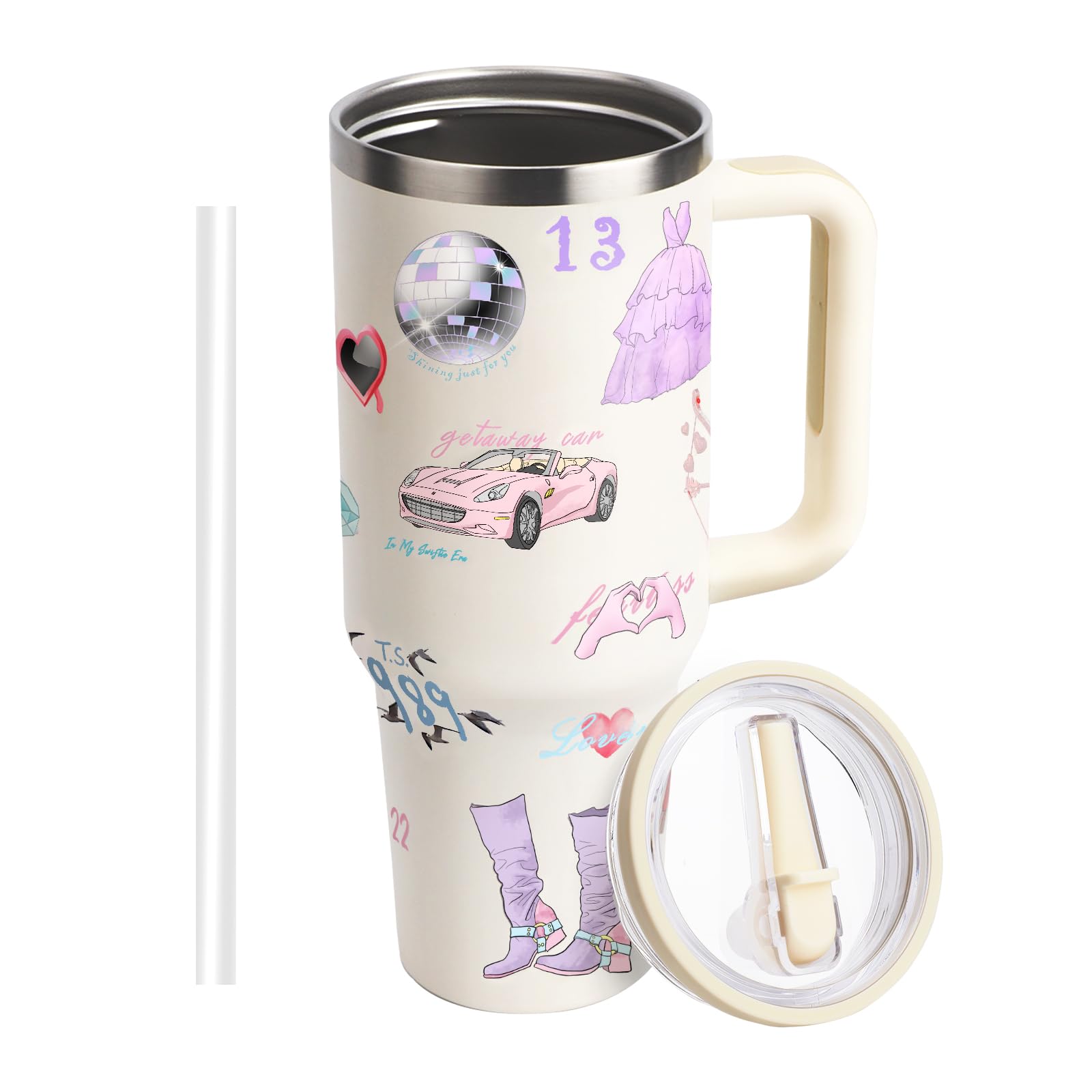 WALLFID 40oz Tumbler,Stainless Steel Insulated Mug with Handle and Straw,Reusable Cute Pattern Travel Coffee Cup,Large Capacity Tumbler for Women and Fans (Lid B)