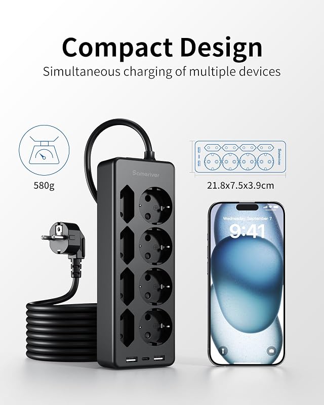 Ciabatta Elettrica Multipresa USB, 8 prese di Corrente e 3 USB, Striscia di Alimentazione Protetta da Sovratensione, presa di da 2 M con Interruttore per Scrivania, Ufficio, Casa, Nero F(Schuko)