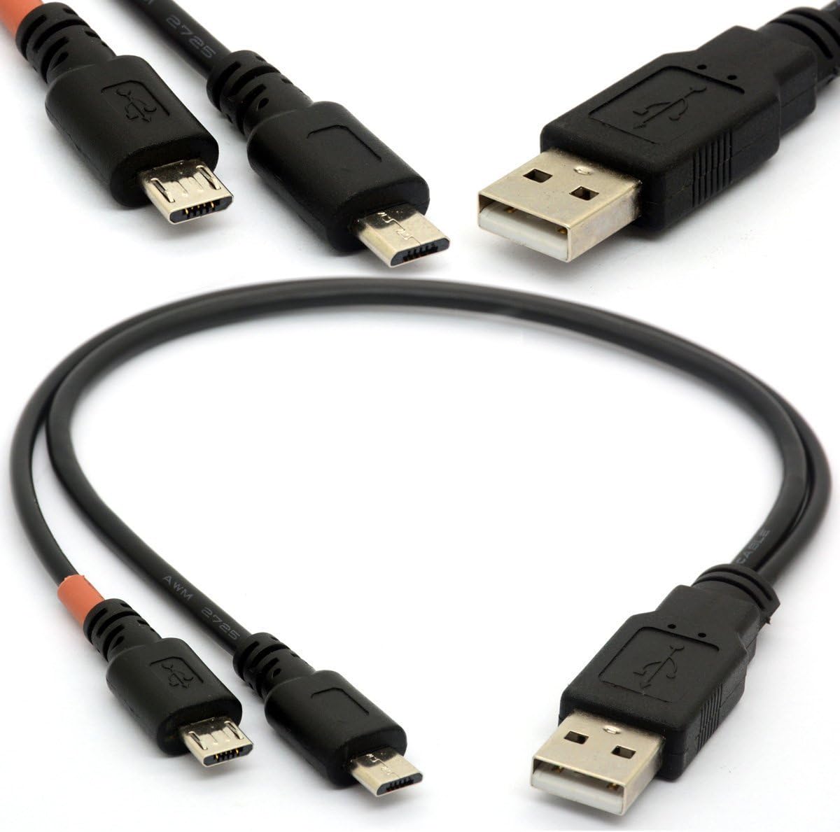 Tomost Micro USB Splitter Cable Y Lead USB 2.0 A Male to Double Micro B Male Power Enhancer Hub Adapter Android Extension Code Syncing and Two Devices Simultaneously