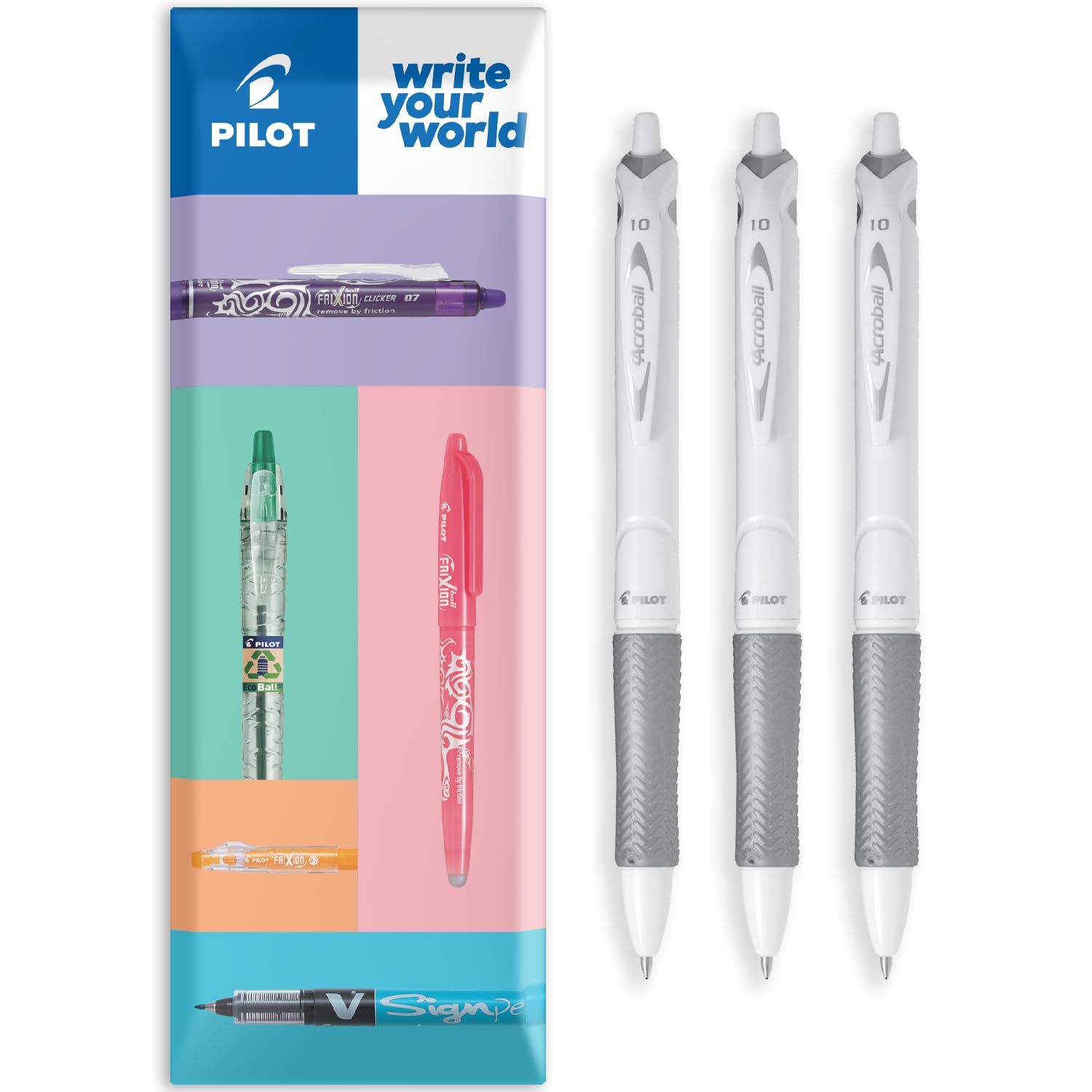 PILOT Acroball Pure White Retractable Ballpoint Pen - Begreen Range 79% Recycled - Pack of 3 Pens - Medium 1.0mm Nib - Ideal for Writing, School, Home, Office - Envelope Gift Pack (Black)