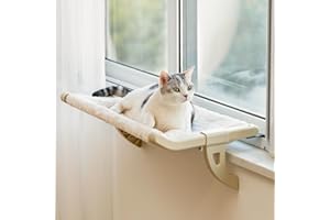 MEWOOFUN Cat Window Sill Perch for Indoor Cats, One-Step Sliding Clamping Slot Adjustment Cat Window Hammock with Removable Covers, Cat Bed for Windowsill & Bedside (Beige, Medium)