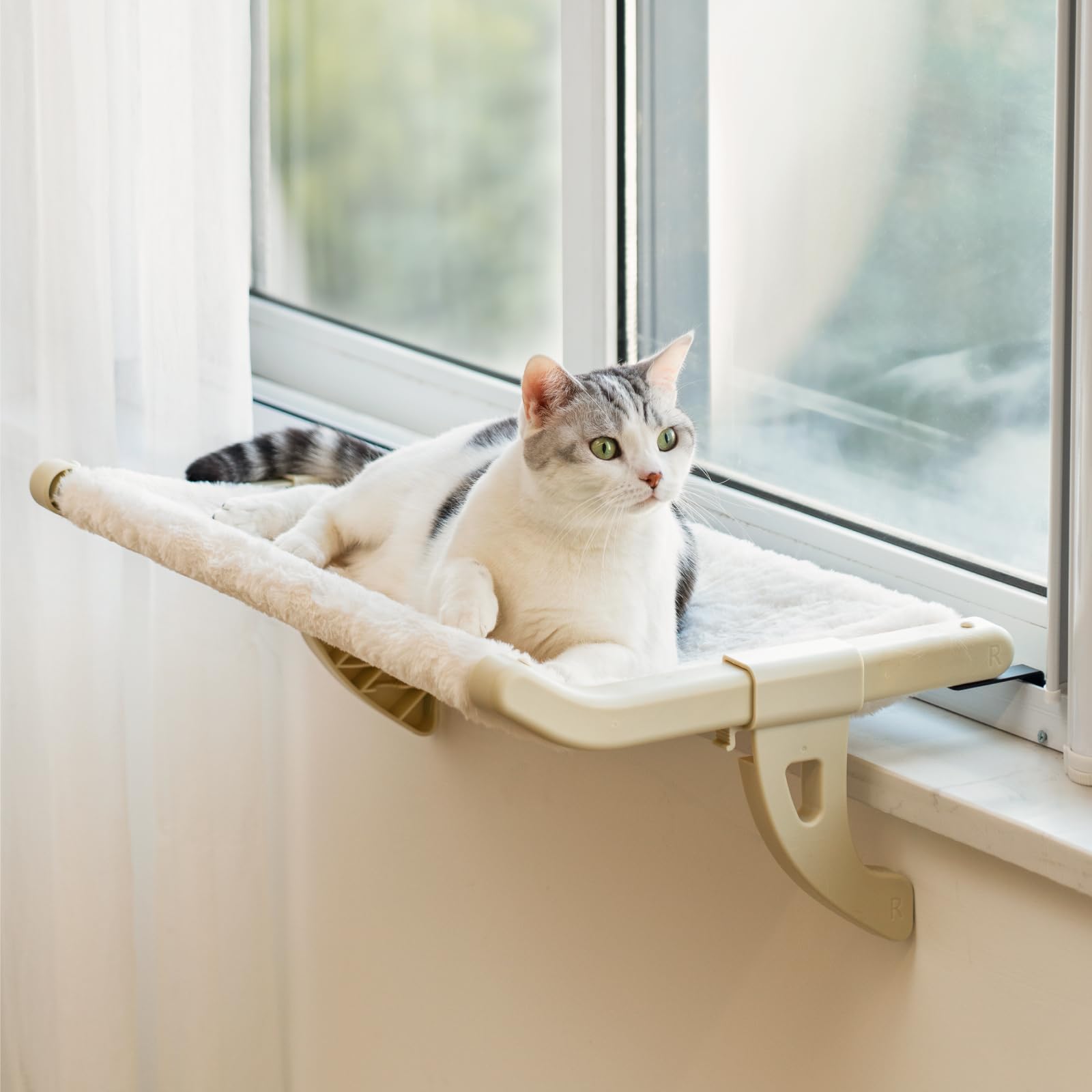 Photo 1 of MEWOOFUN Cat Window Sill Perch for Indoor Cats, One-Step Sliding Clamping Slot Adjustment Cat Window Hammock with Removable Covers, Cat Bed for Windowsill & Bedside (Beige, Medium)