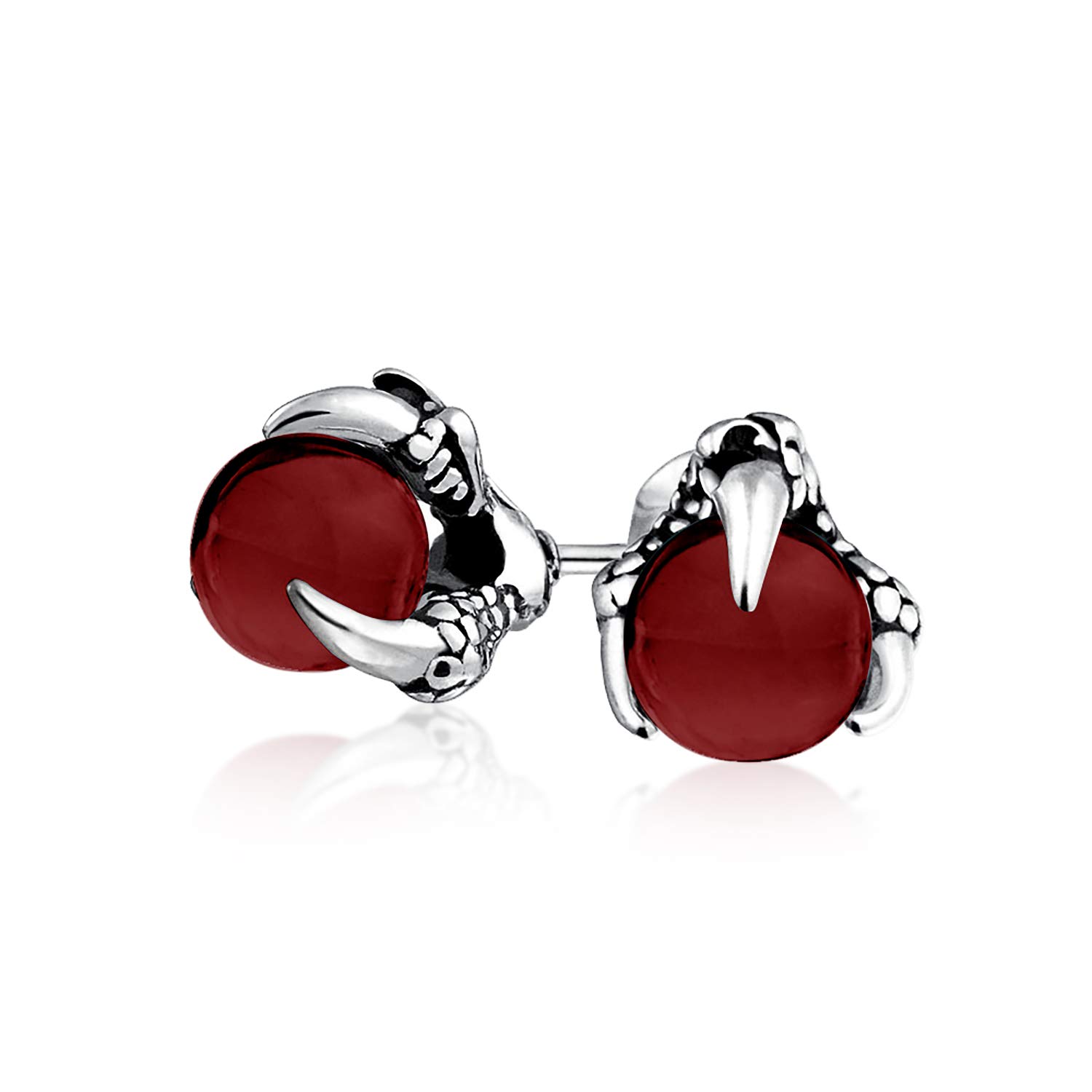 Gothic Punk Rocker Biker Jewelry Red Translucent Ball Orb Dragon Claw Stud Earrings For Men For Women Silver Tone Black Oxidized Stainless Steel