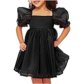 WDIRARA Toddler Girl's Mesh Tulle Dress Square Neck Puff Short Sleeve Ruffle Hem Birthday Party Cute A Line Midi Dress