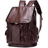 ORILOOSEN PU leather backpack, casual backpack men women. USB charging port. Suitable for work, commuting, traveling, etc. (Brown)