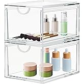 CECOLIC 2 Pack Stackable Cosmetic Organizer Drawers, Clear Acrylic Makeup Storage Organizer Box, Plastic Storage Bins Vanity Container for Bathroom Countertop, Bedroom Dresser, Kitchen Cabinets