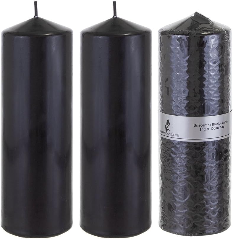 Mega Candles 3 pcs Unscented Black Round Pillar Candle