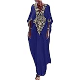 Bsubseach Gold Embroidery Long Kaftan Dresses V Neck Caftan Dress Beach Cover Ups for Women Embroidery