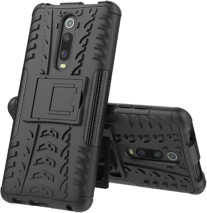 WUFONG case compatible with Xiaomi Redmi K20/K20 Pro,Tire pattern mobile phone case with bracket anti-shock anti-fall PC+TPU two-layer military-grade armor protection-black