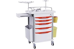 OLERN Rolling Medical Storage Crash Cart with Drawers -CPR Board, IV Pole, Silent Casters, Trash Bin, O2 Holder, Drawer with Dividers, Nursing Cart for Clinic, Hospital, Salon, 29.5”Wx18.7”Dx37.4”H