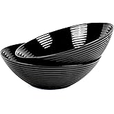 LaGlint 54 OZ Black Ribbed Serving Bowl Set of 2, Opal Glass 9.5 inch Large Mixing Salad Bowls for Pasta, Fruit, Kitchen, Microwave & Dishwasher Safe Dish