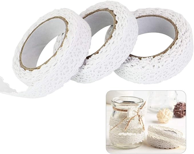 LYTIVAGEN 3 Rolls White Lace Ribbon Self Adhesive Lace Tape Cotton Lace