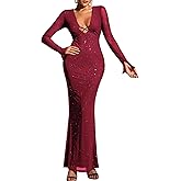 KUTUMAI Women Sexy V Neck Sequin Long Sleeve Bodycon Maxi Dress Sparkly Ruched Gown Evening Formal Dresses
