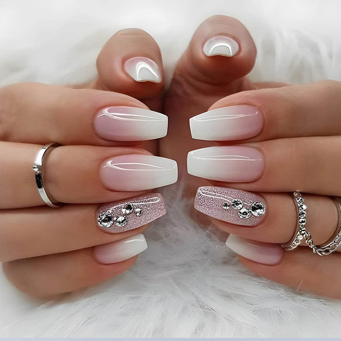 Cubahop 24pcs French Medium Crystal Fake Nails Nude Glossy Butterfly Flash Powder False Nails Rhinestone Love Press on Nails for Women and Girls (Nude 3)…