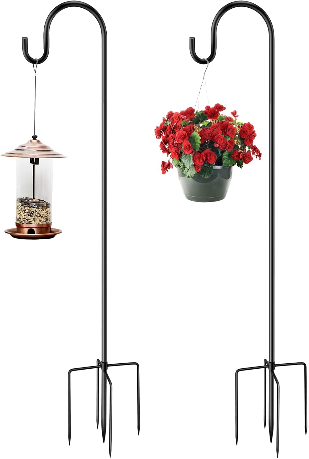 Outdoor Shepherd's Hooks - SPORTYOUTH Shepherds Hook Bird Feeder Poles 44 Inch with 5 Prongs Base, 2Pcs Adjustable Outdoor Garden Holder Heavy Duty for Hanging Birdfeeders, Flags, Plant Baskets, Solar Light Lanterns, Decor