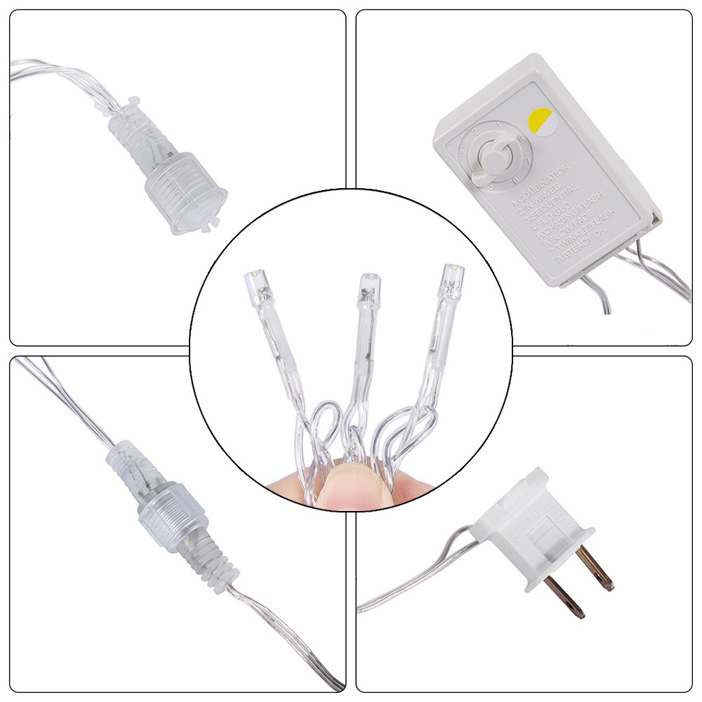 Bjour 300 LEDs Curtain Icicle Lights Christmas String Fairy Light Low-Voltage with 8 Lighting Modes RF Controller, Warm White