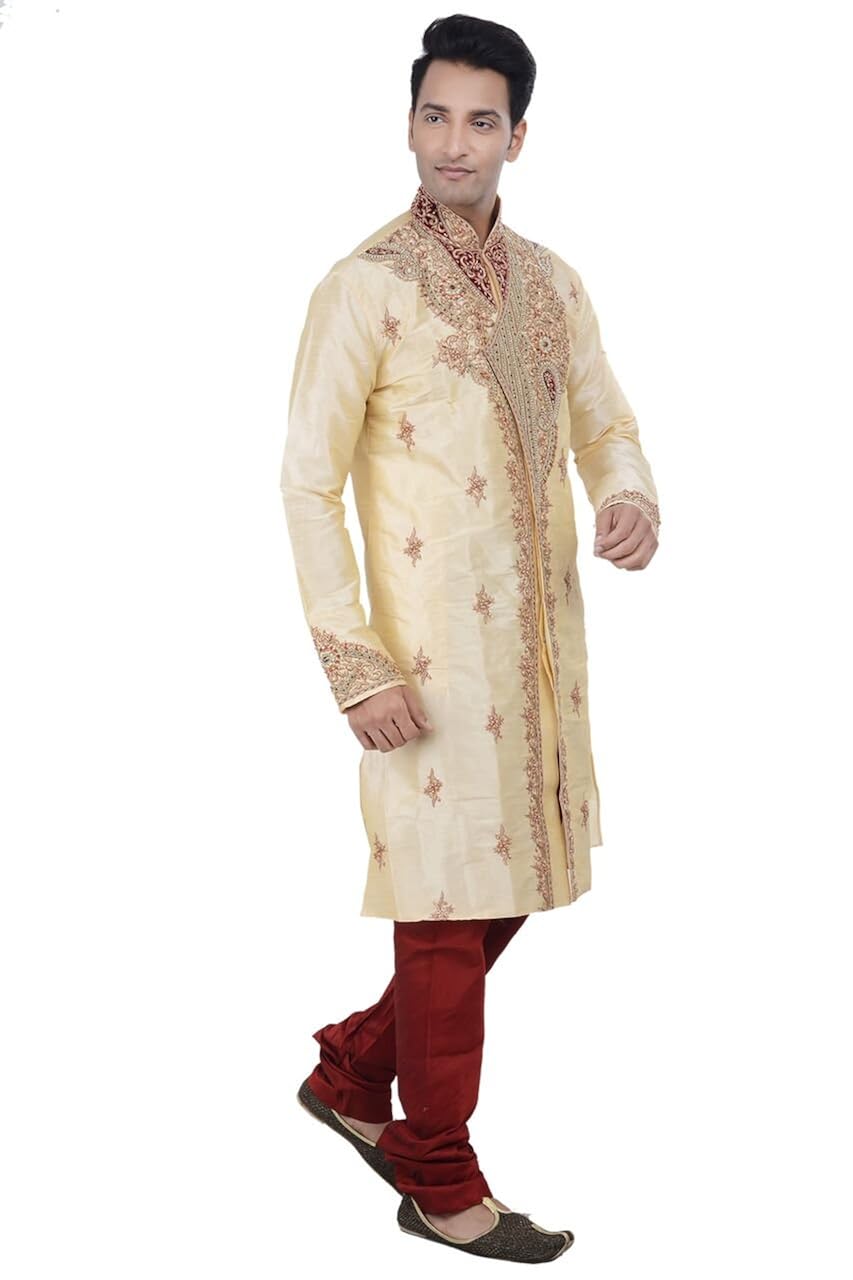 indian design gold kurta sherwani for men 2pc suit
