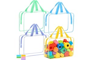 Wenscis 4 Packs Extra Large Toy Storage Bags with Zipper, Reusable Clear PVC Toy Organizer Bag with Labels for Blocks, 11.8″×