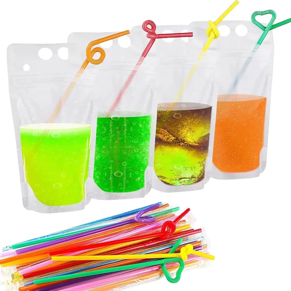 Photo 1 of 100 Pack Beverage Bags with Straw, Drink Pouch for Juice, Excellent Material Beverage Bag, Portable Drink Pouch for Milk, Coffee, Juice, Tea, Energy Drinks and more
