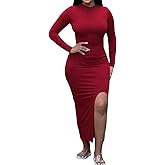 TOPSRANI Womens Bodycon Maxi Dress Split Striped Ribbed Crewneck Long Sleeves Casual Sundress Solid Sexy Skinny Dresses