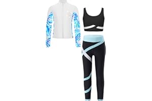 Freebily Kid 3 Pieces Girl Sports Dance Outfit Crop Tank Top with Athletic Leggings and Long Sleeve Jacket Set Tracksuit