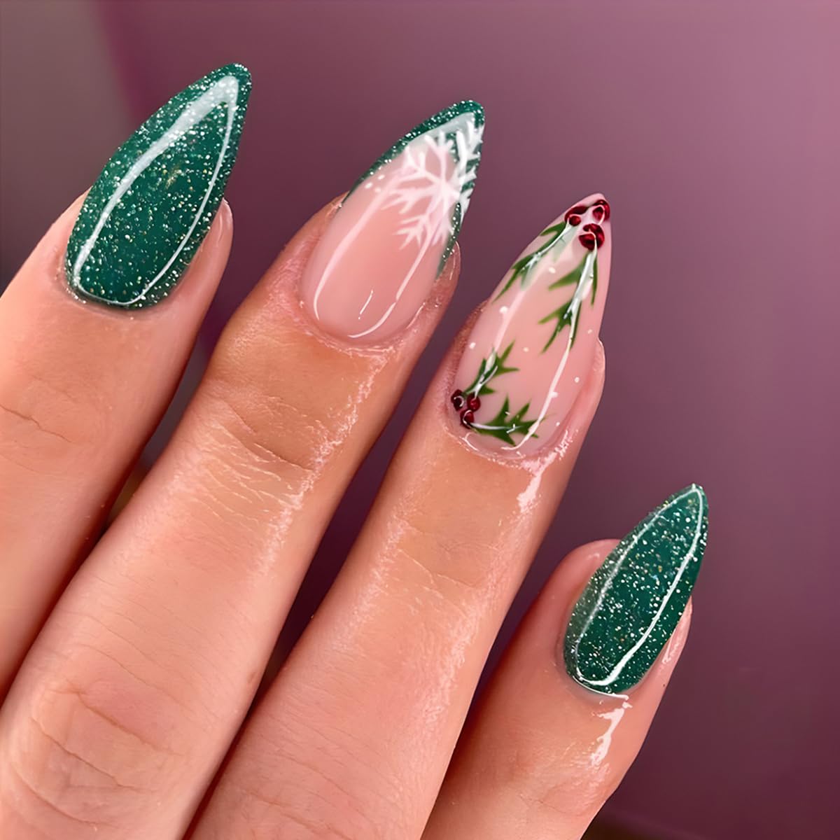 Christmas Press on Nails Medium Almond Shape Fake Nails Glitter Green Press on Nails with Designs Christmas Glue on Nails Green French False Nail Tips Acrylic Full Cover Holiday Nails for Women 24PCS