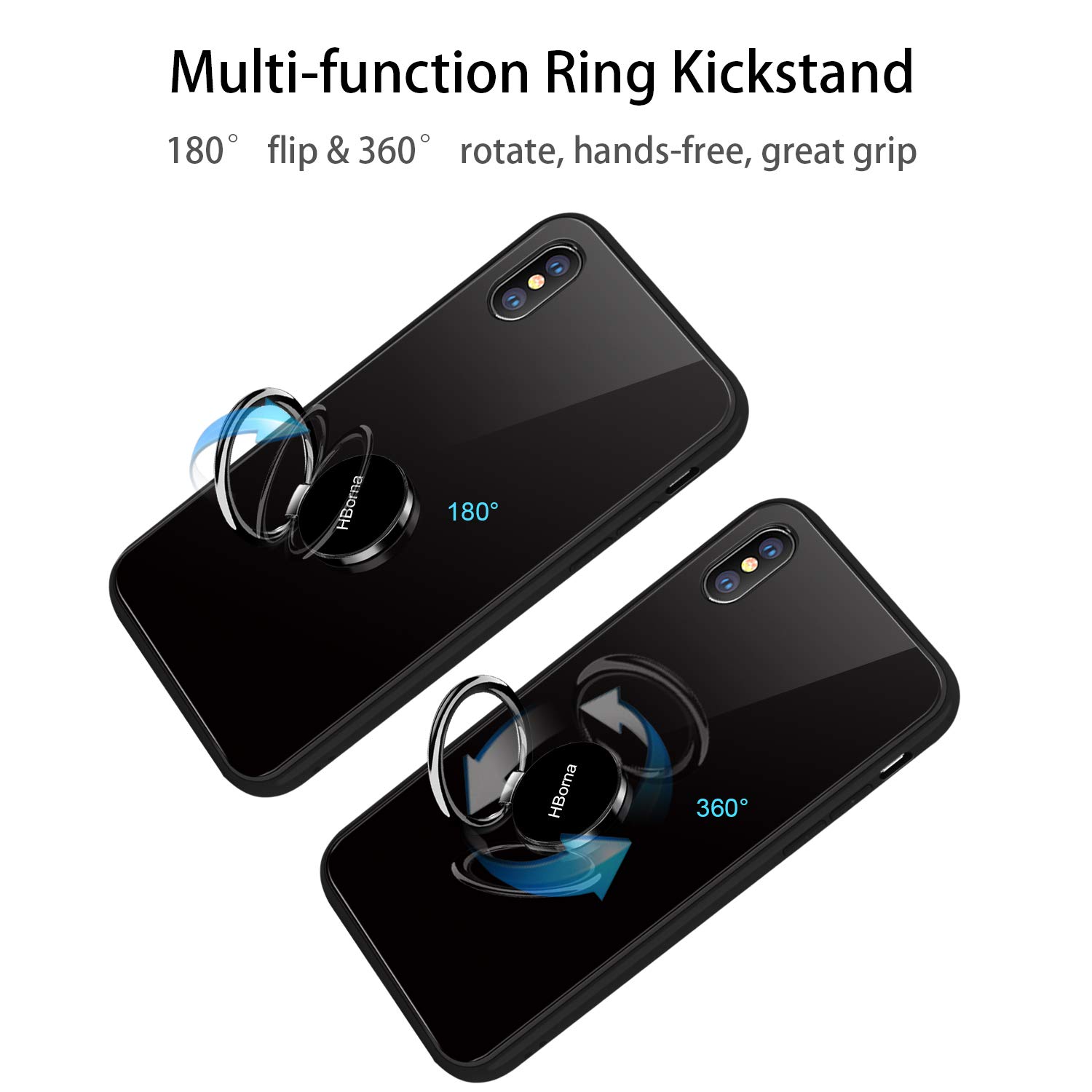 HBorna iPhone X Hülle，Kratzfest Gehärtetes Glas Rückschale Schutzhülle & Schutzfolie TPU Bumper mit 360 Grad drehbarer Ring Ständer for Apple iPhone X, iPhone 10 (Schwarz)