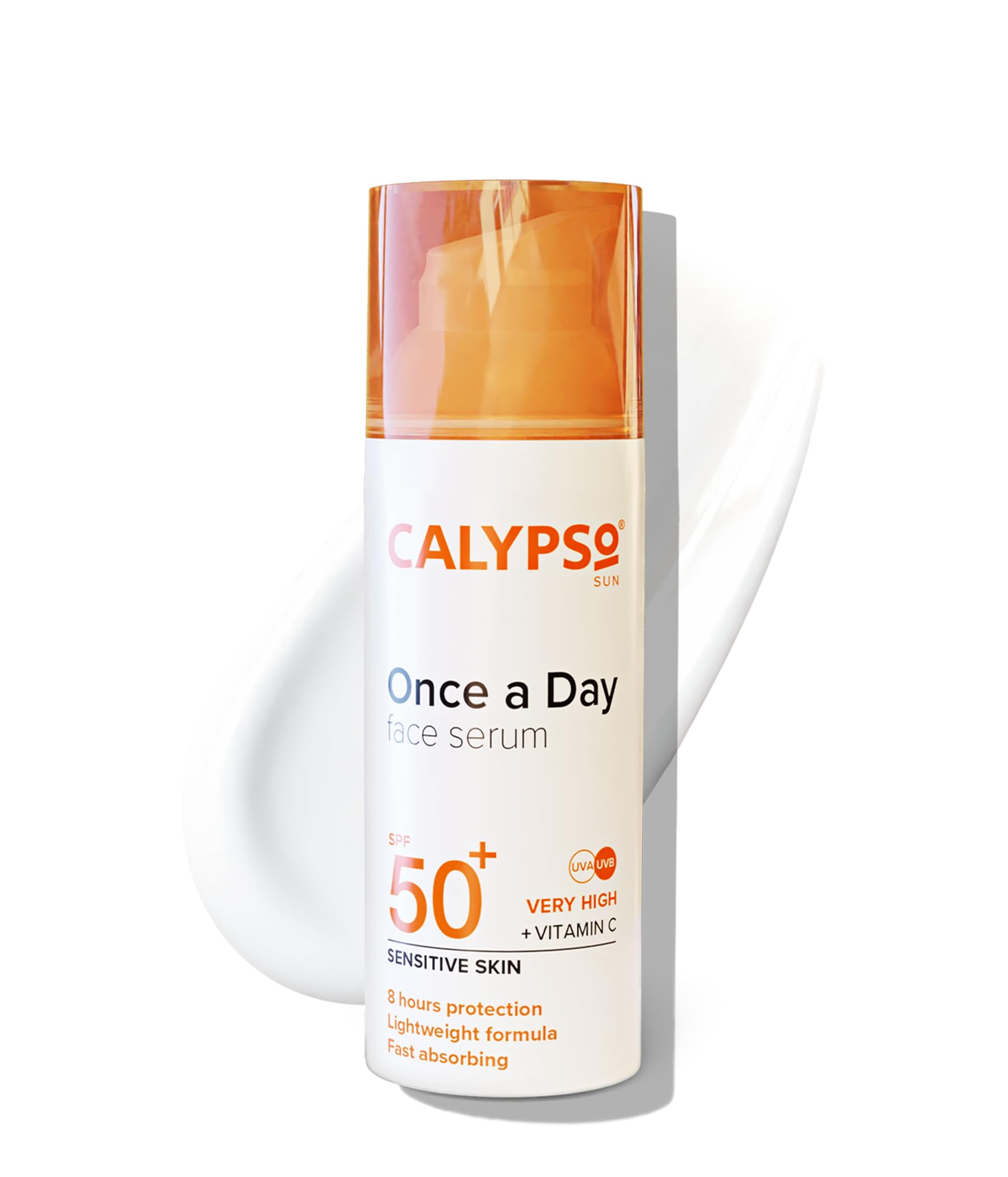 Calypso Once a Day Serum SPF50+, Serum with Vitamin C for Face and Neck, for Sensitive Skin. Very High Sun Protection. UVA + UVB Primer.