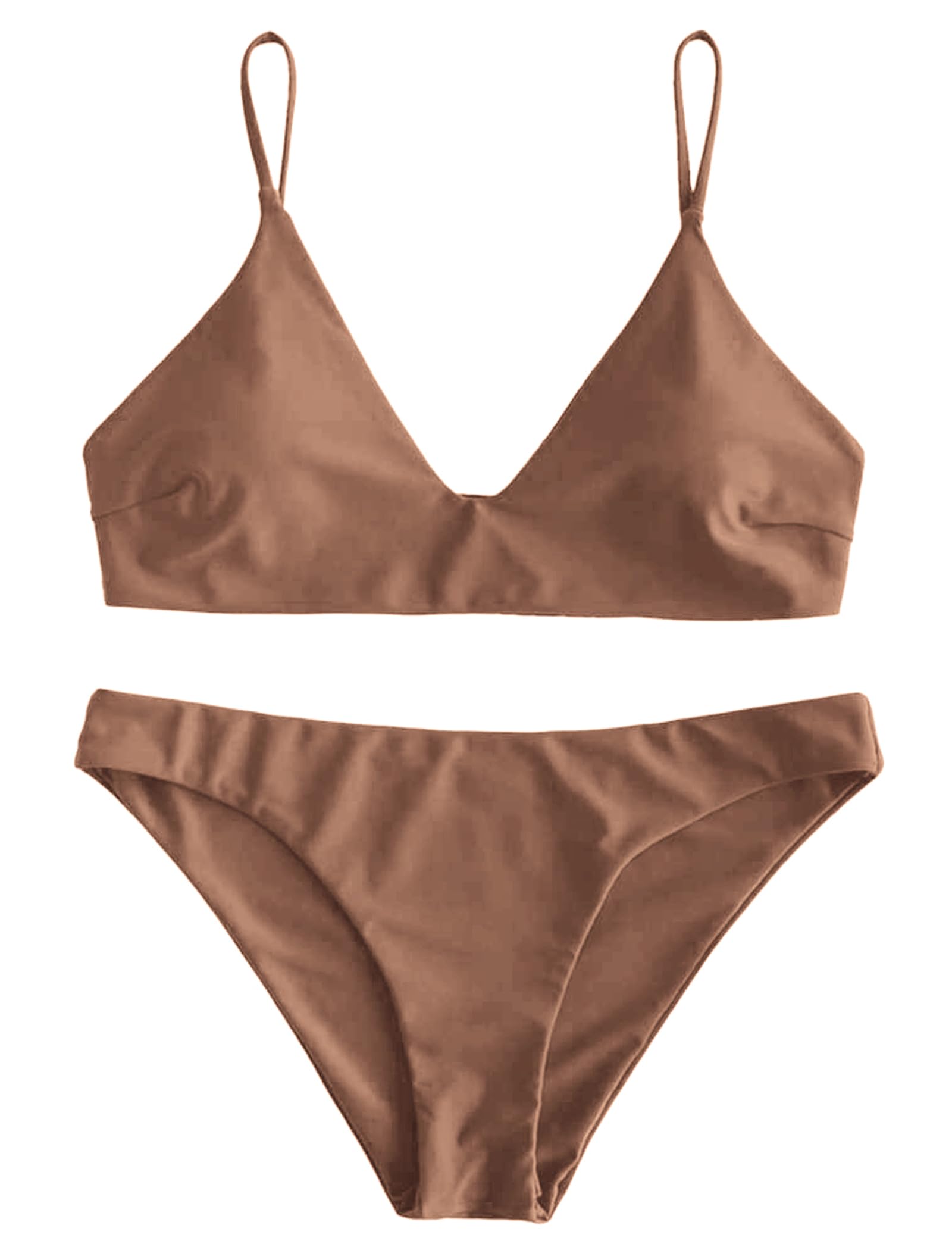Photo 1 of ZAFUL Women's Solid Spaghetti Strap Bralette Bikini Set Two Piece Swimsuit (1-Brown, L)