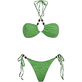 VOLAFA Triangle Bikini Set for Women Halter Swimsuit Beaded Solid Tie Textured Cheeky Swimwear Two Piece Bathing Suit